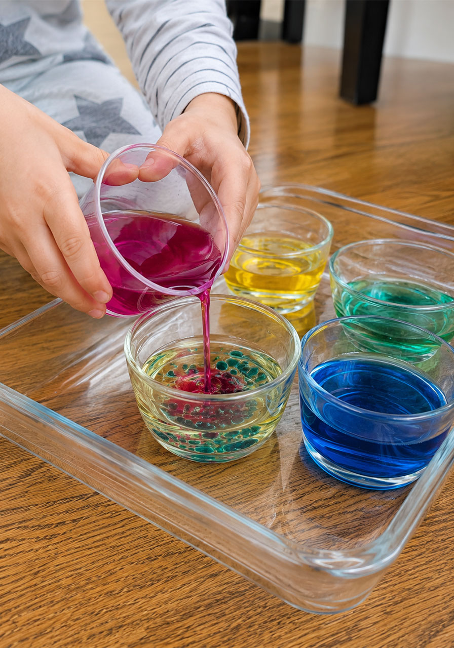 Child pouring colored water into oil to mix multiple colors during a hands-on science experiment