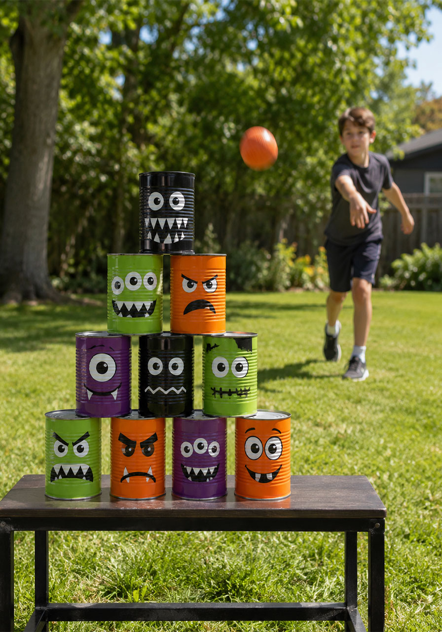 DIY monster can toss Halloween party game for kids