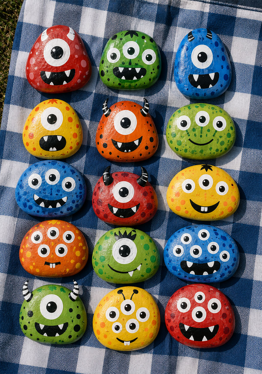 Colorful painted monster rocks Halloween craft for kids