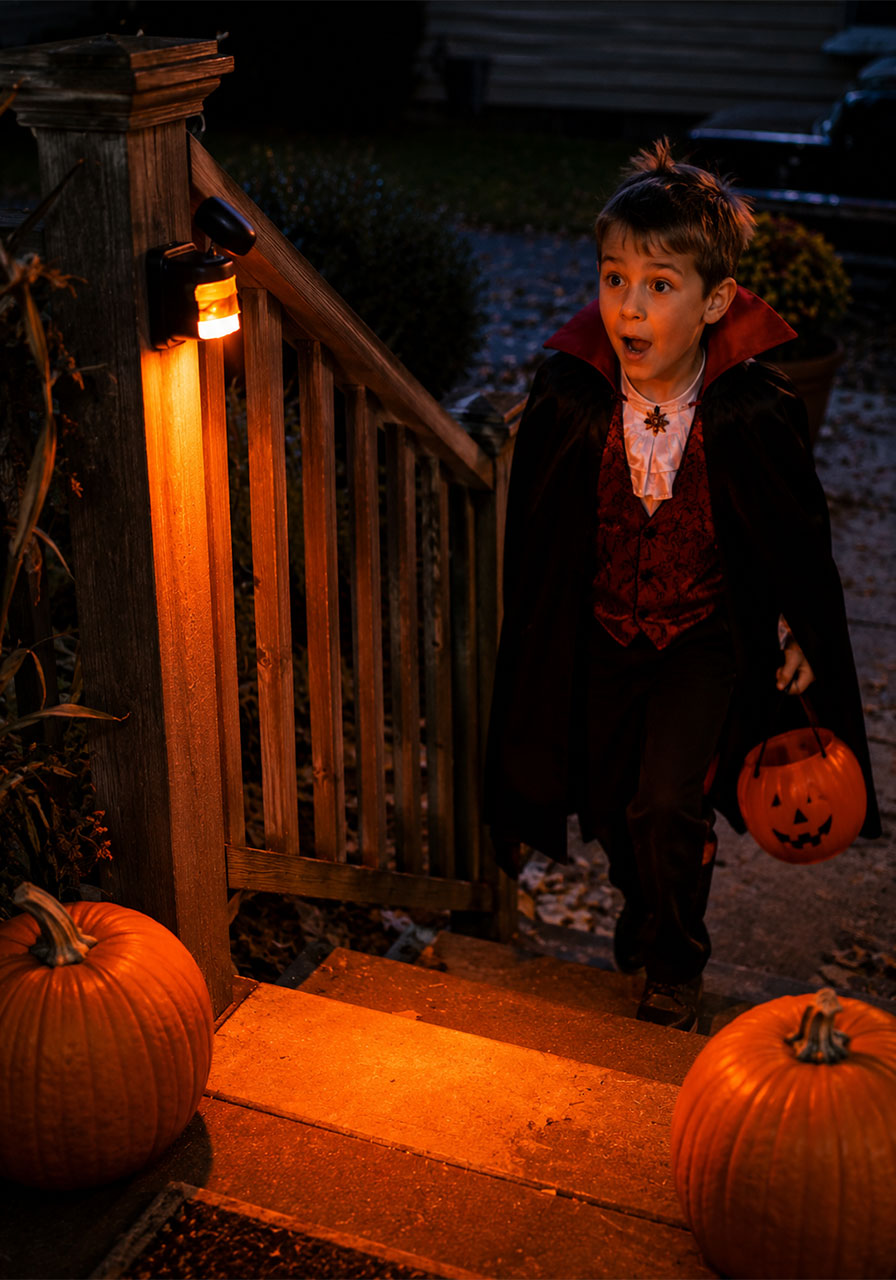 Motion sensor jump scare light with orange glow on Halloween front porch steps
