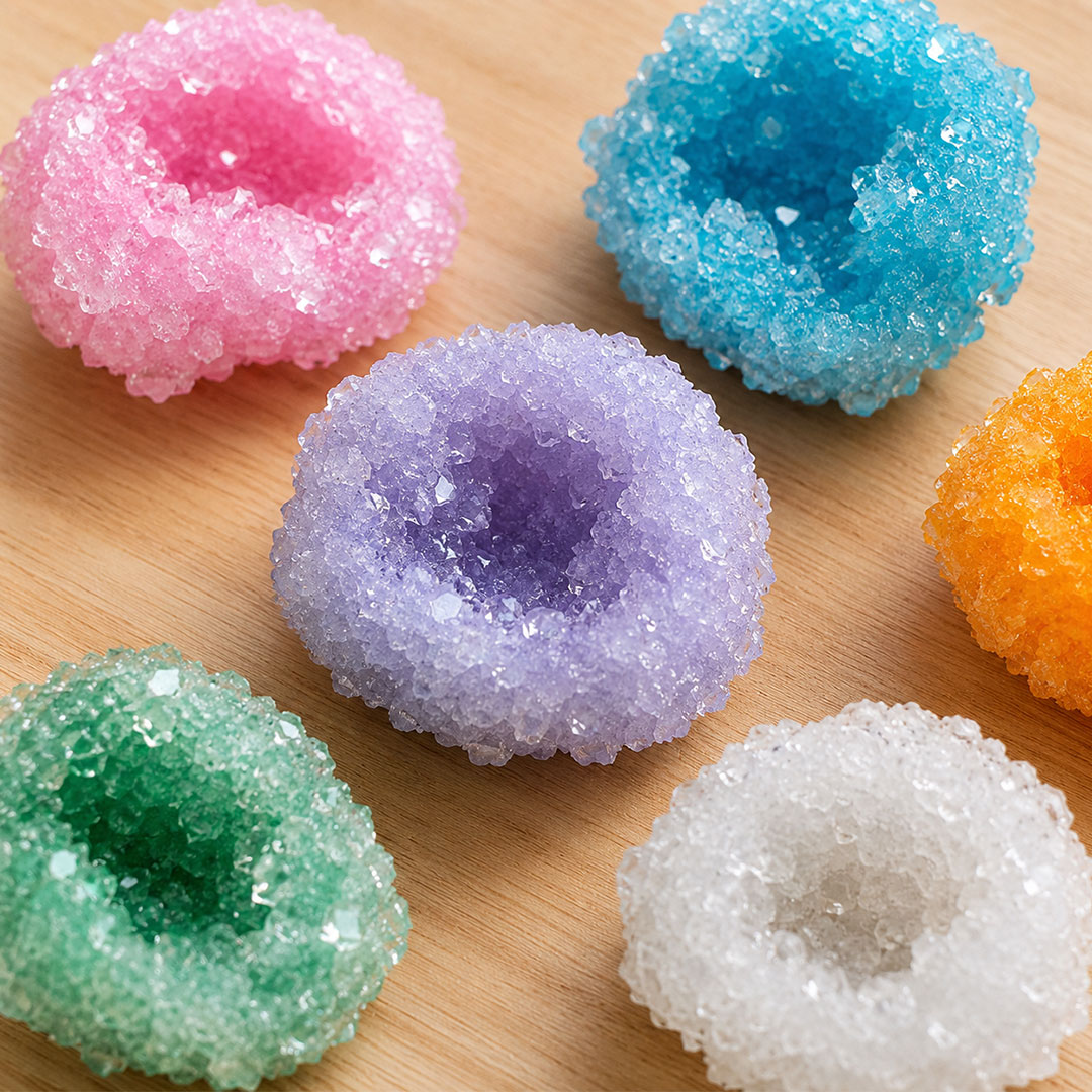 Six different colored borax crystals compared side by side after growing overnight