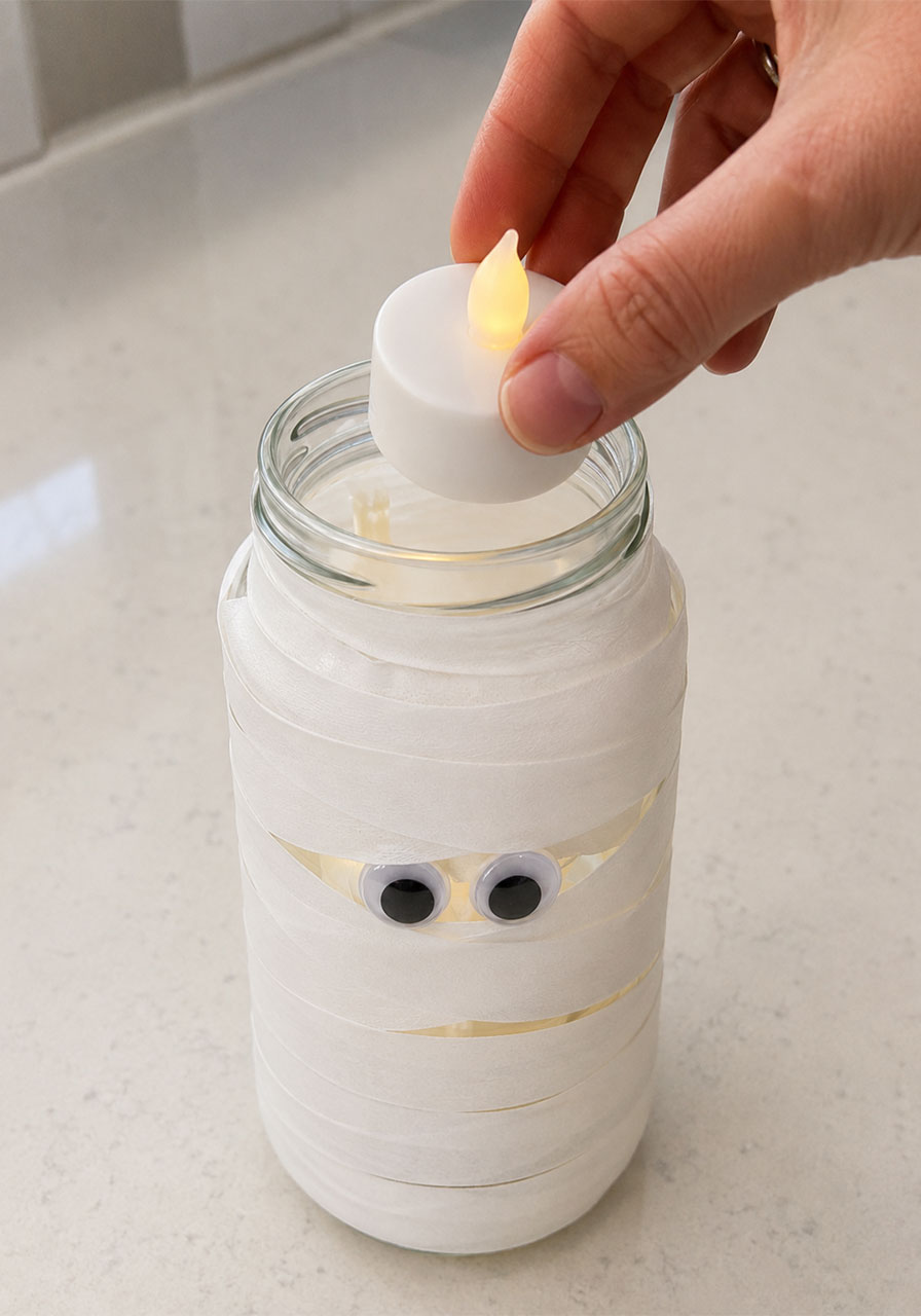 Adding safe LED tealight candle inside mummy jar lantern for glowing effect