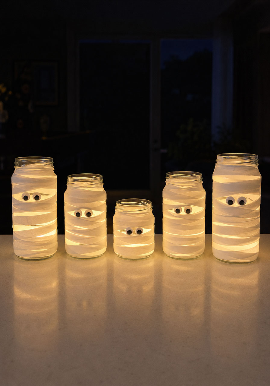Mummy jar lanterns made in different jar sizes lined up glowing together