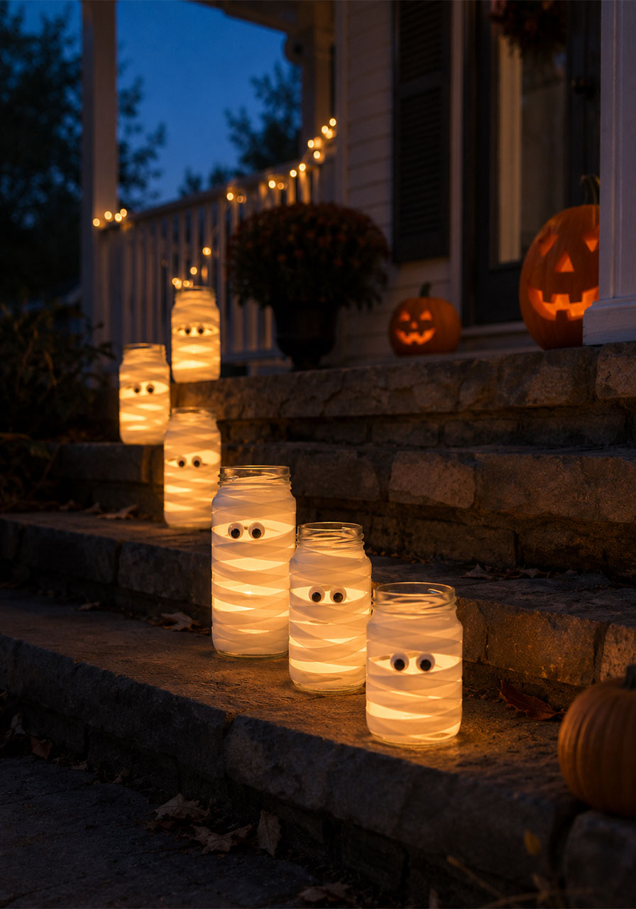 Mummy jar lanterns lining front porch steps for Halloween trick-or-treat display