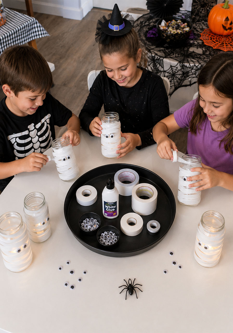 Kids decorating their own mummy jar lanterns at Halloween party craft station