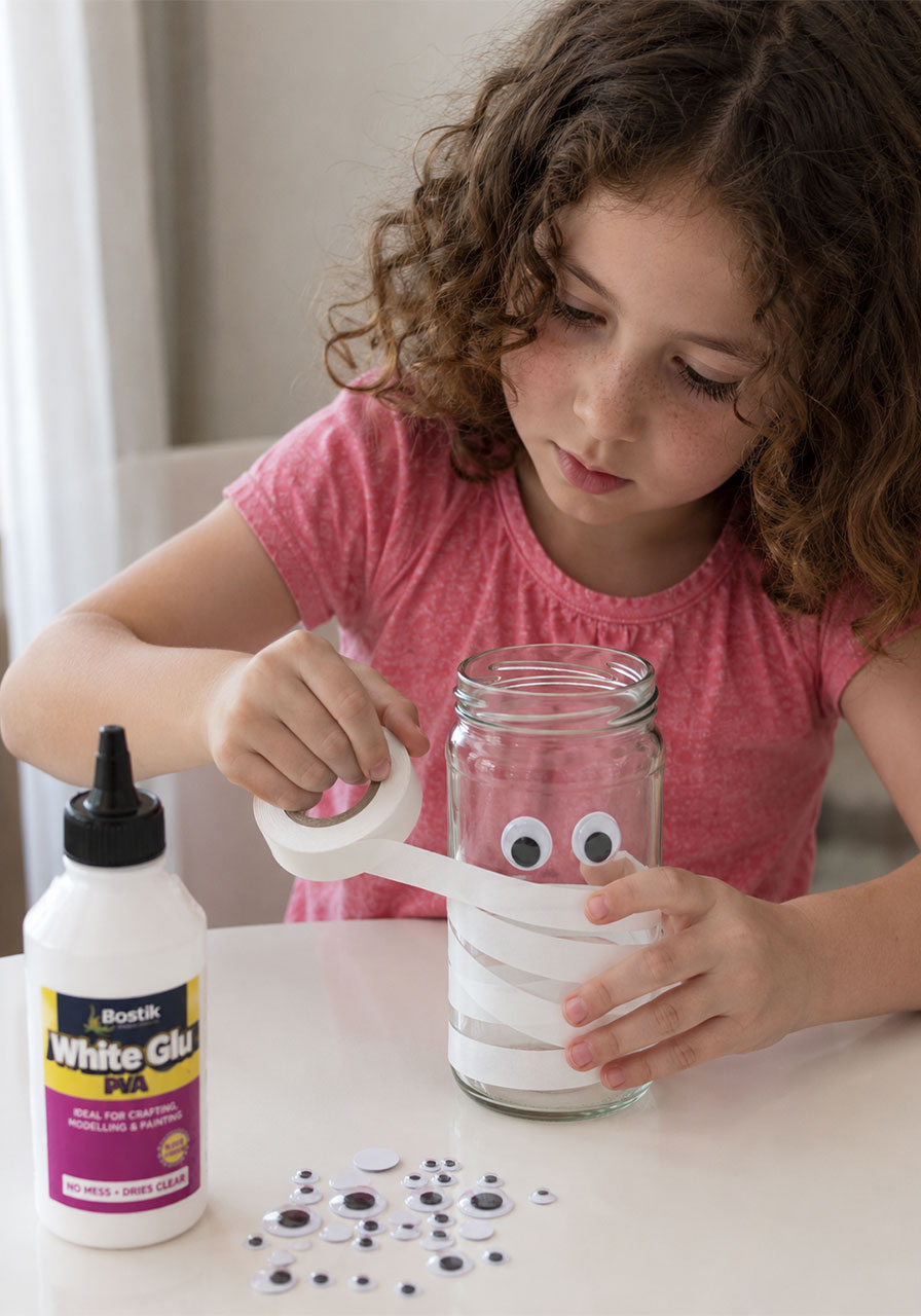 Child wrapping white tape around glass jar to create mummy bandage effect