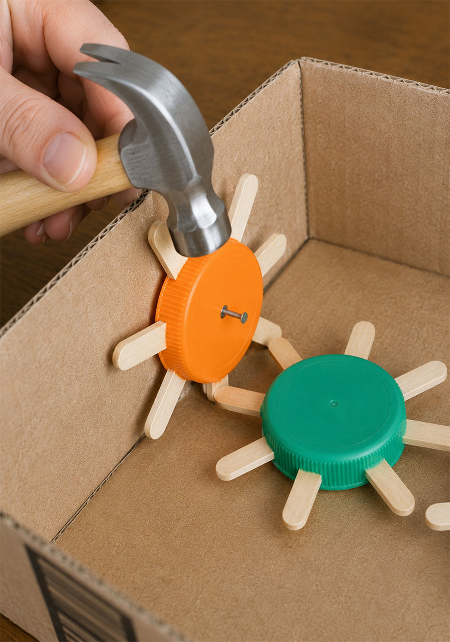 Nail mounted gear on the side of a box demonstrating how gears change direction of motion for kids STEM lesson