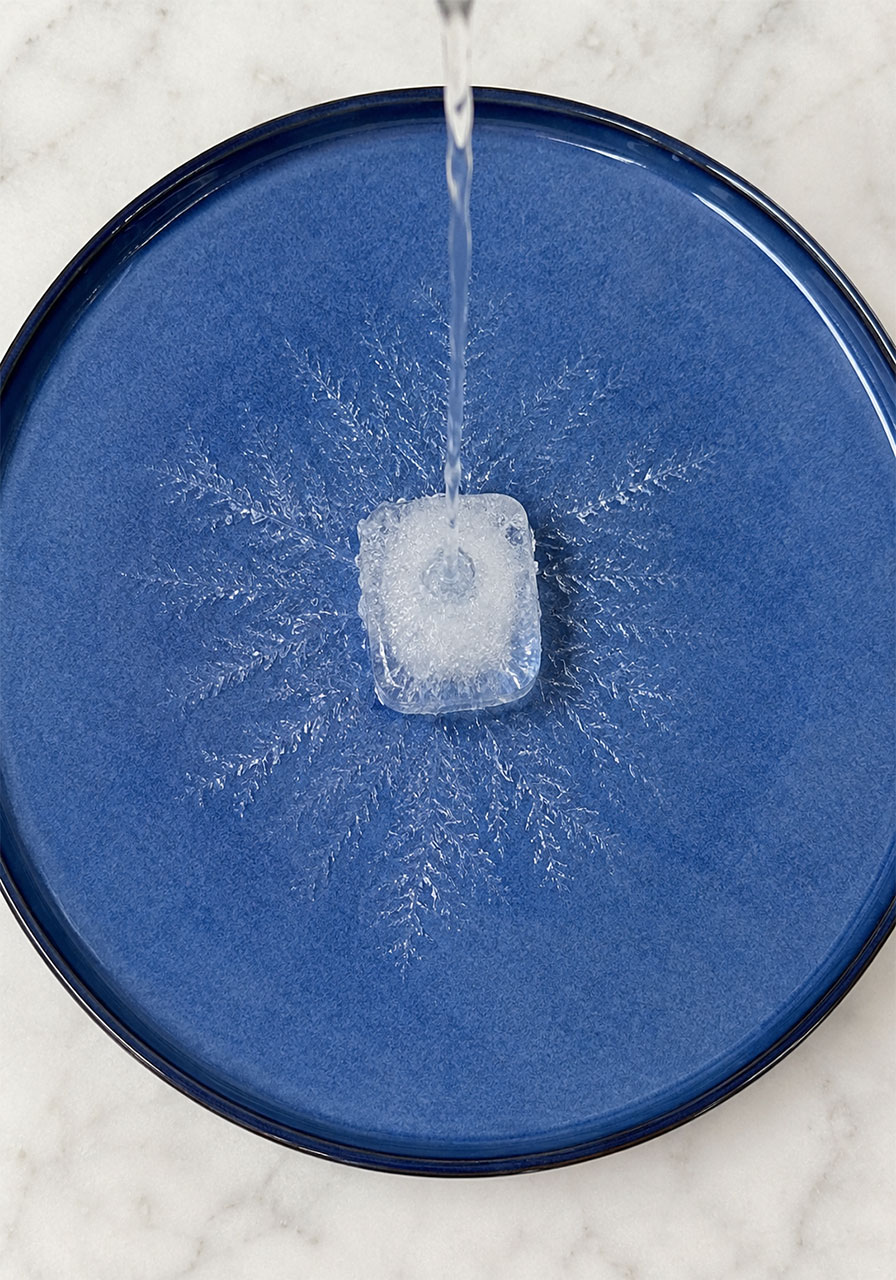 Close-up of nucleation as ice crystals spread from an ice cube during the experiment