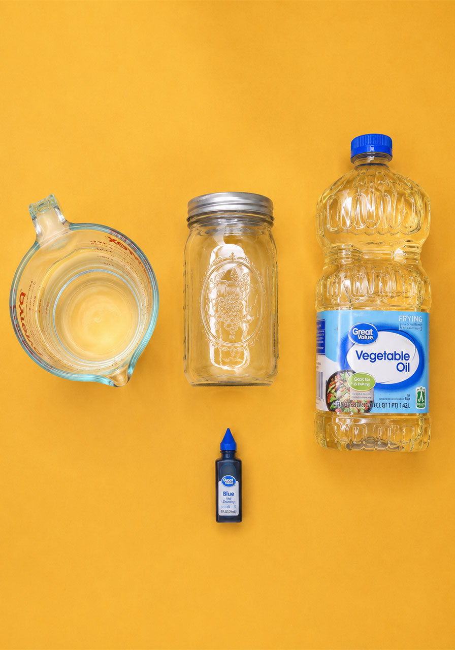Supplies needed for ocean wave science experiment including water oil and food coloring