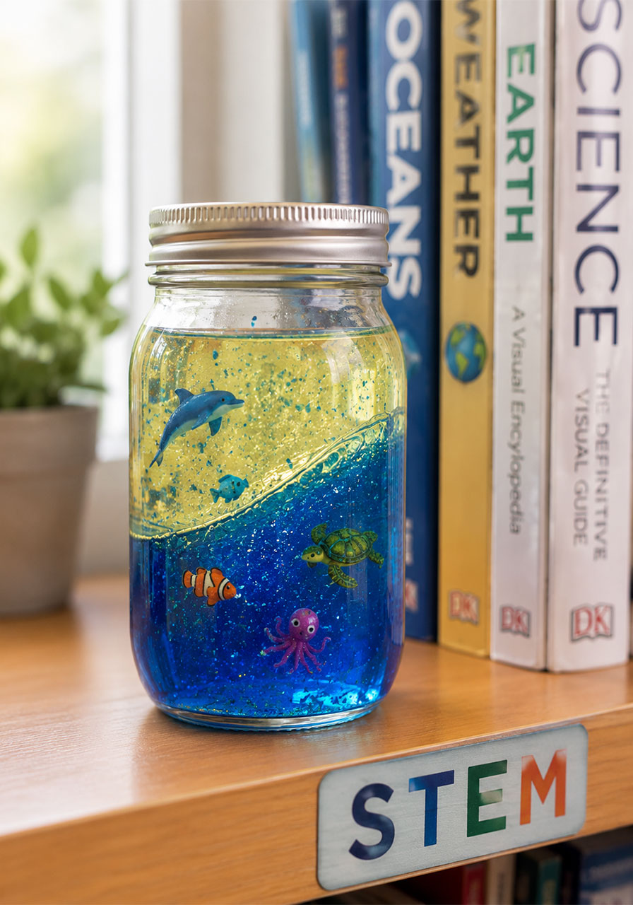 Finished ocean wave sensory bottle with sea creatures for classroom STEM activity