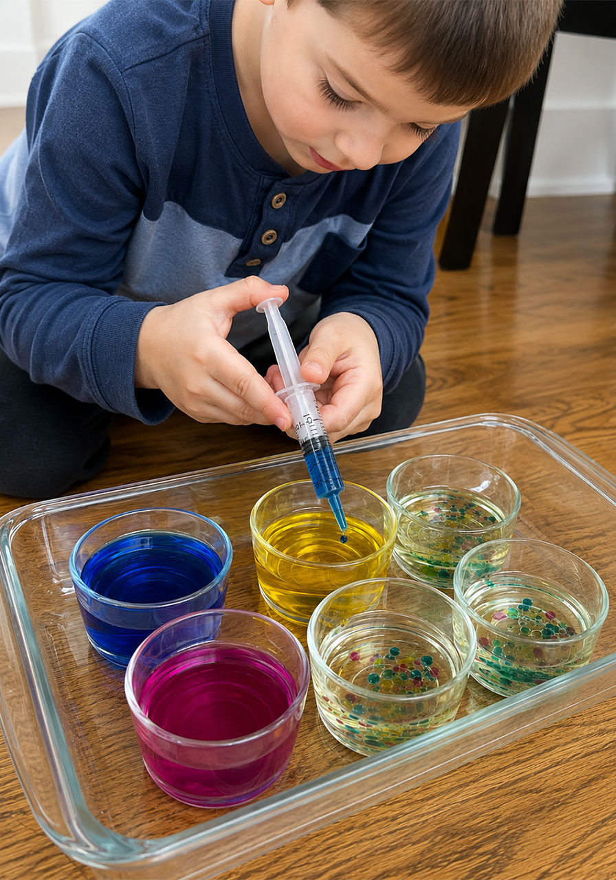 Child using a syringe pipette to drop colored water into oil for a STEM density experiment
