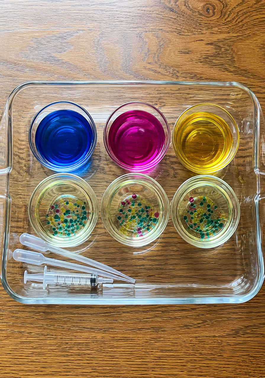 Overhead view of oil and water science experiment setup with colorful dye and pipettes