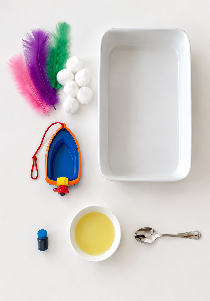 Supplies needed for an oil spill clean-up STEM experiment including oil, feathers, cotton balls, and dish soap