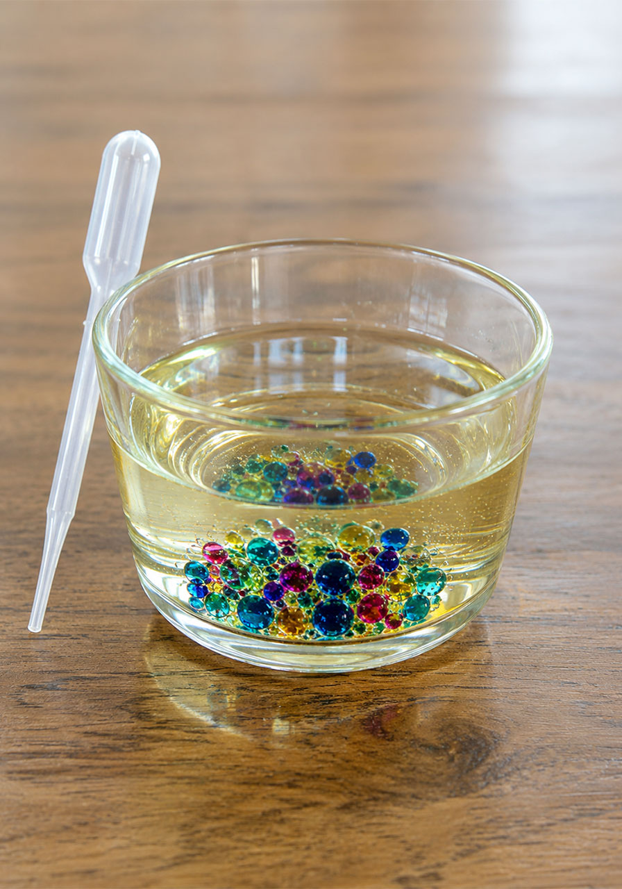 Finished oil and water experiment bowl showing colorful marbled droplets suspended in oil