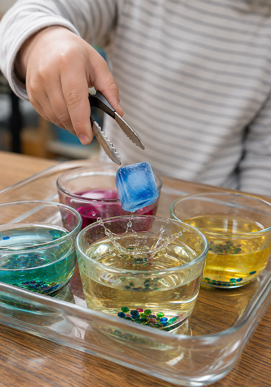 Ice cube variation of the oil and water experiment showing a frozen dye cube dropped into oil