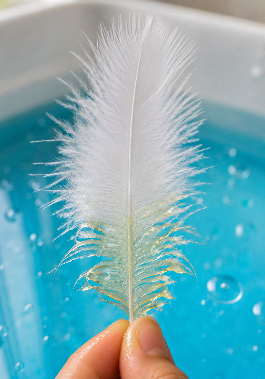 Close-up of an oil-coated feather showing how oil spills affect birds in the wild