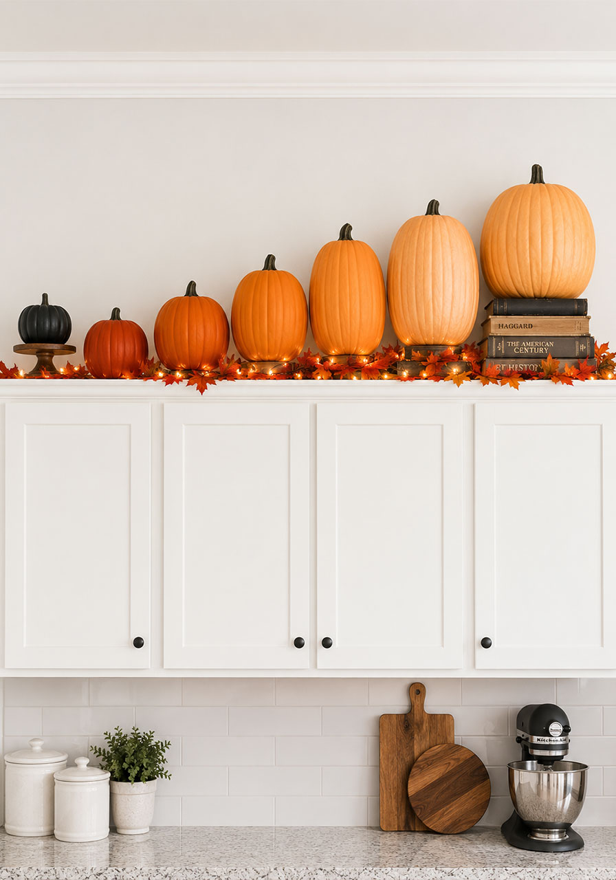 Black to orange ombré pumpkin display arranged in a rising ladder above kitchen cabinets