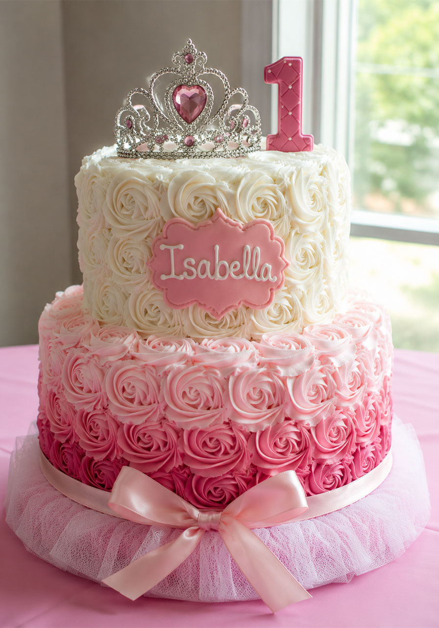 Two-tier pink and white ombré rosette birthday cake with tiara topper for a princess party