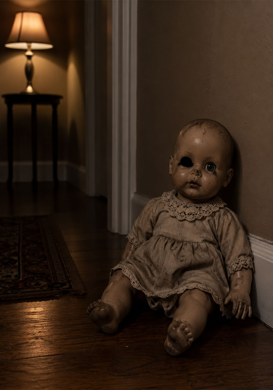 One-eyed creepy doll sitting in a dim hallway corner for Halloween decoration