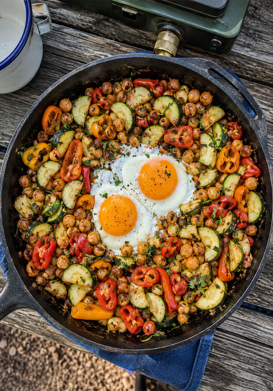 One pot camping breakfast: chickpea vegetable hash topped with two sunny-side-up eggs