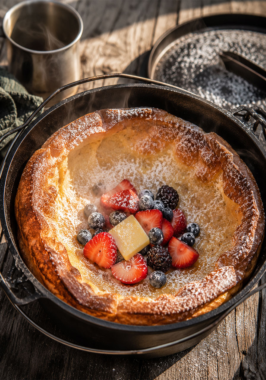 One pot camping breakfast: puffed golden Dutch baby pancake baked in a cast iron Dutch oven