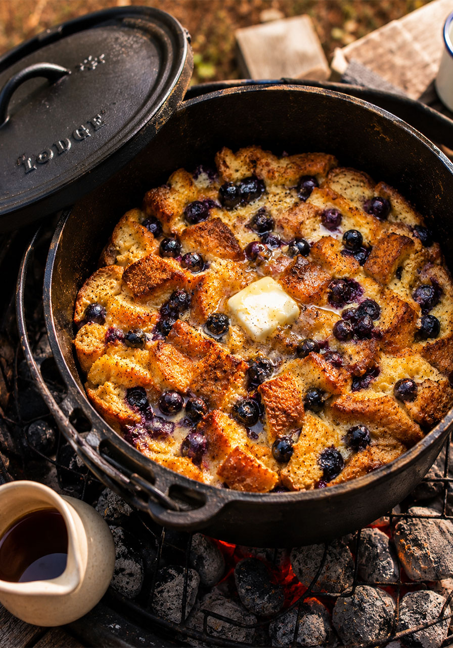 One pot camping breakfast: Dutch oven French toast bake with blueberries cooked over hot coals