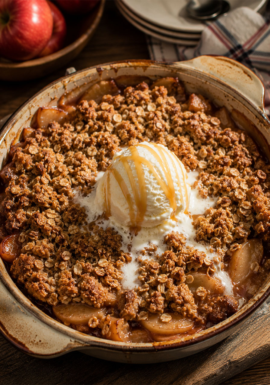 One pot camping dessert: warm apple crisp with oat streusel topped with melting vanilla ice cream