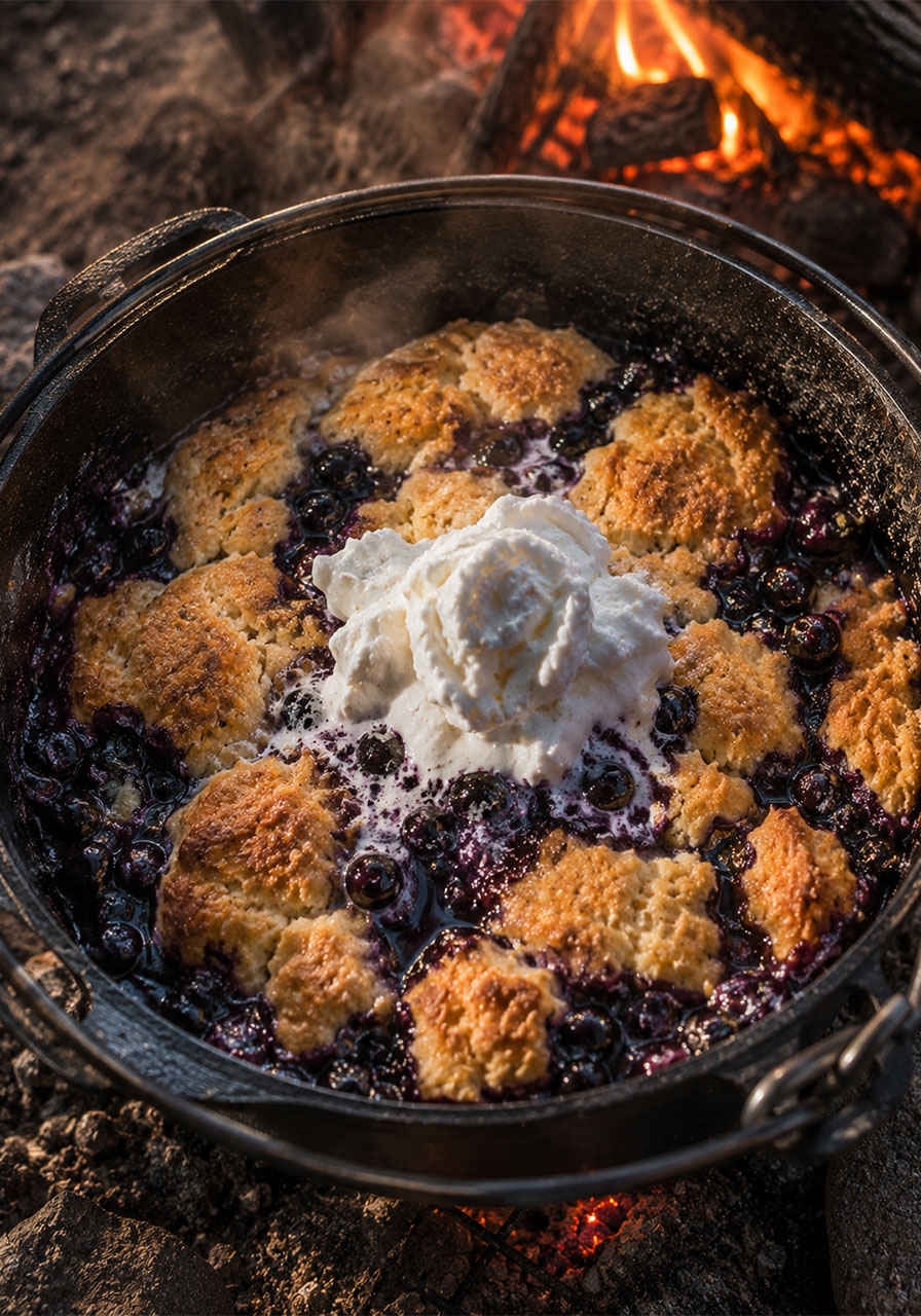 One pot camping dessert: Dutch oven blueberry cobbler with golden biscuit topping and whipped cream