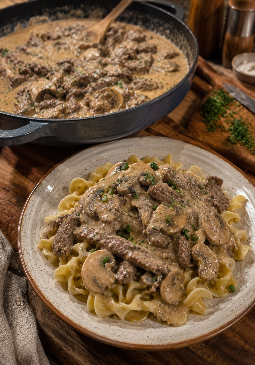 One pot camping meal: creamy beef stroganoff with mushrooms served over egg noodles
