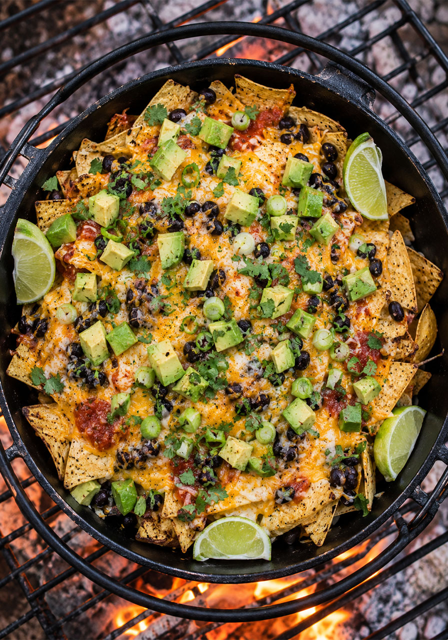 One pot camping meal: loaded campfire nachos with cheese, avocado, and beans in a Dutch oven