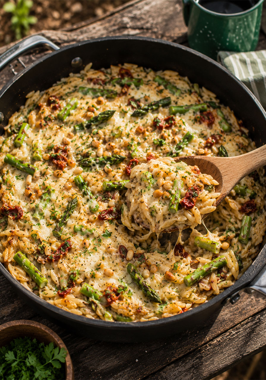 One pot camping meal: cheesy asparagus orzo with sun-dried tomatoes and pine nuts