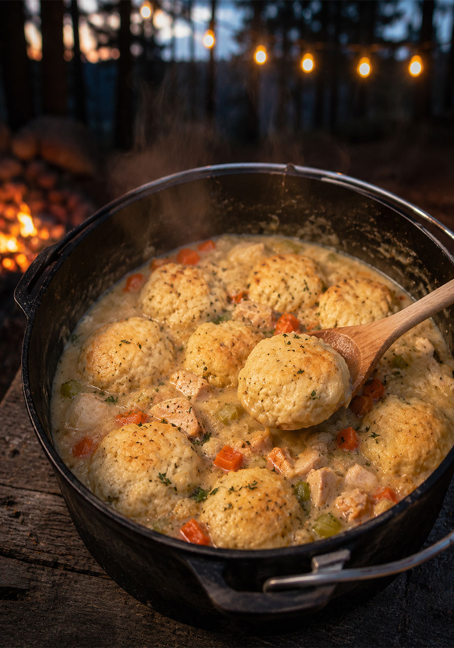 One pot camping meal: creamy Dutch oven chicken and dumplings stew with fluffy biscuit dumplings