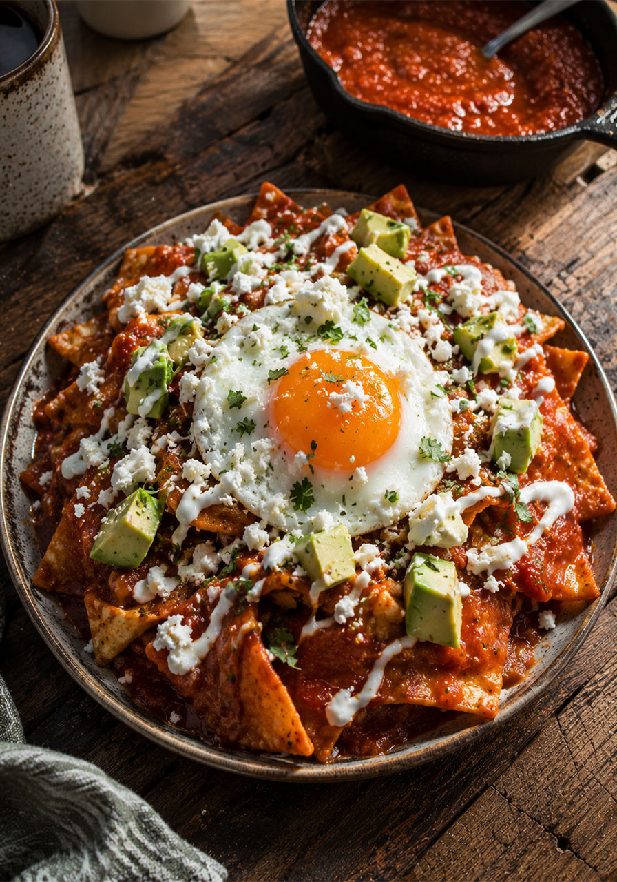 One pot camping meal: chilaquiles with salsa roja, fried egg, and queso fresco for brunch
