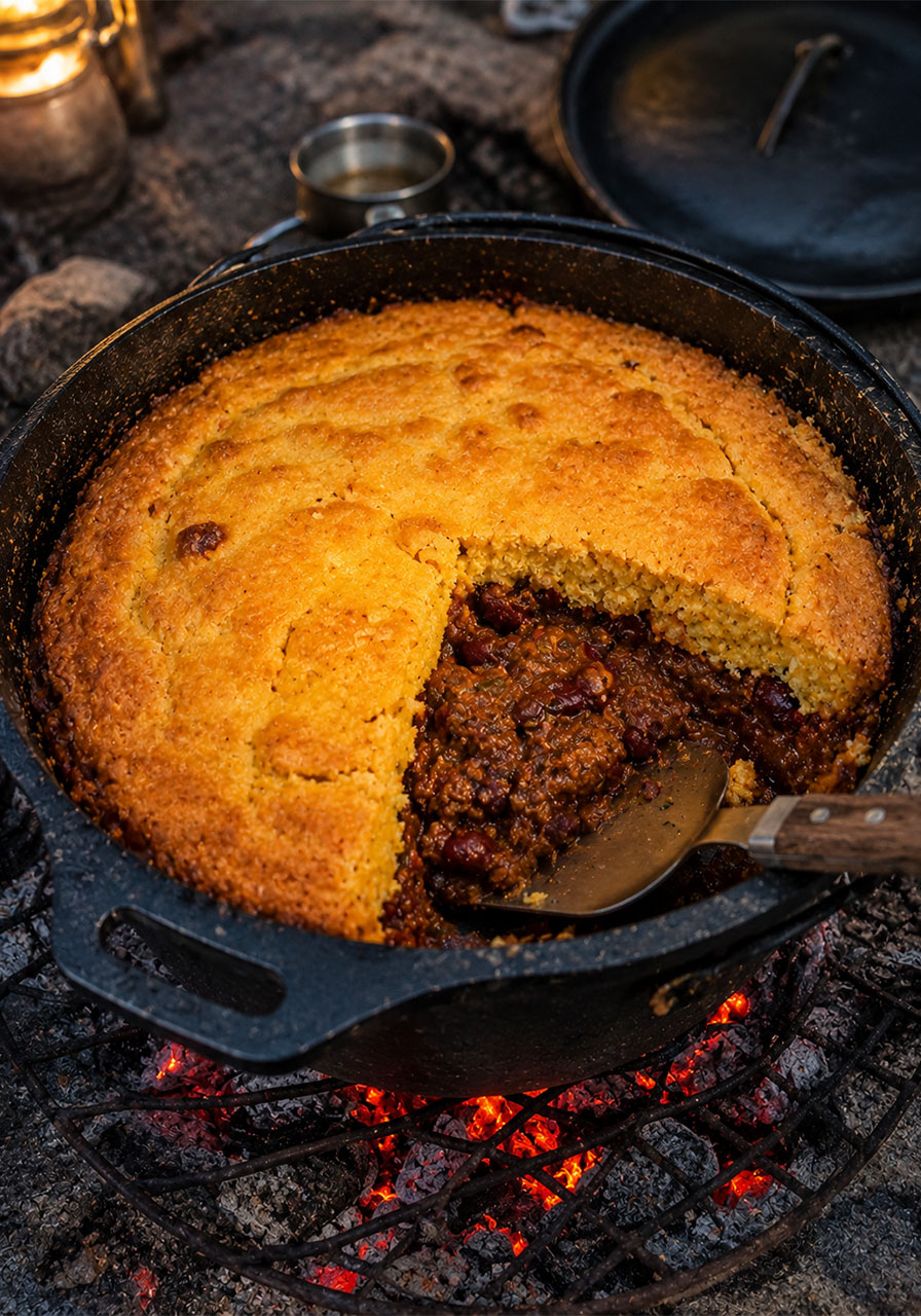 One pot camping meal: vegetarian Dutch oven chili topped with baked golden cornbread