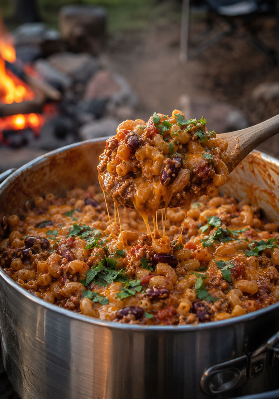 One pot camping meal: cheesy chili mac and cheese pulled up on a wooden spoon over a camp pot
