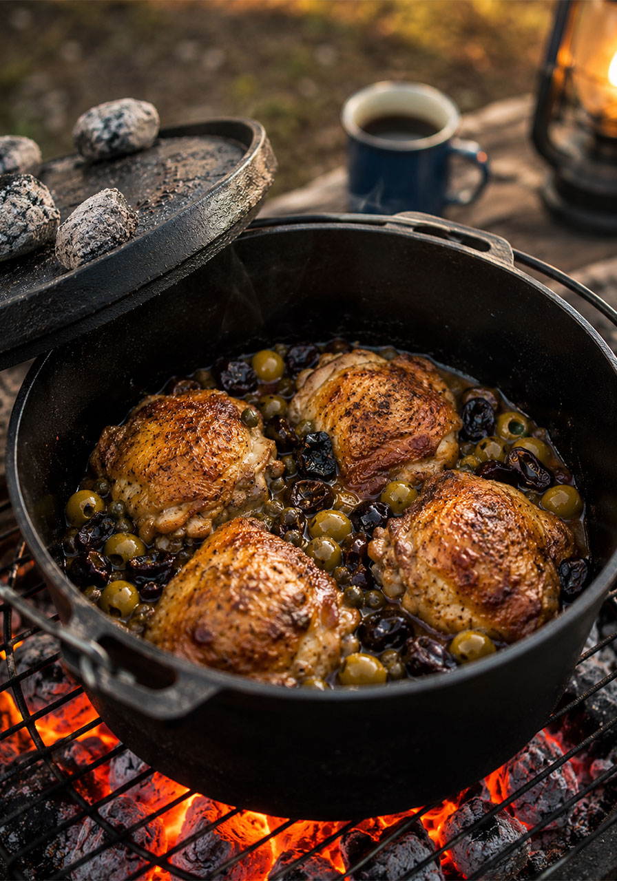 One pot camping meal: Dutch oven chicken Marbella with olives and prunes cooked over campfire coals