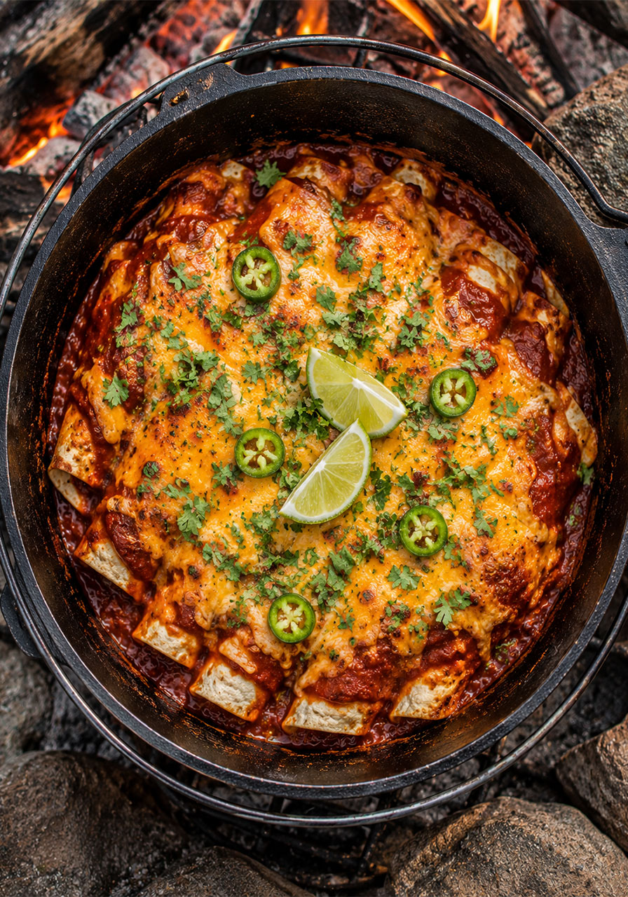 One pot camping meal: Dutch oven enchiladas topped with melted cheese and fresh cilantro