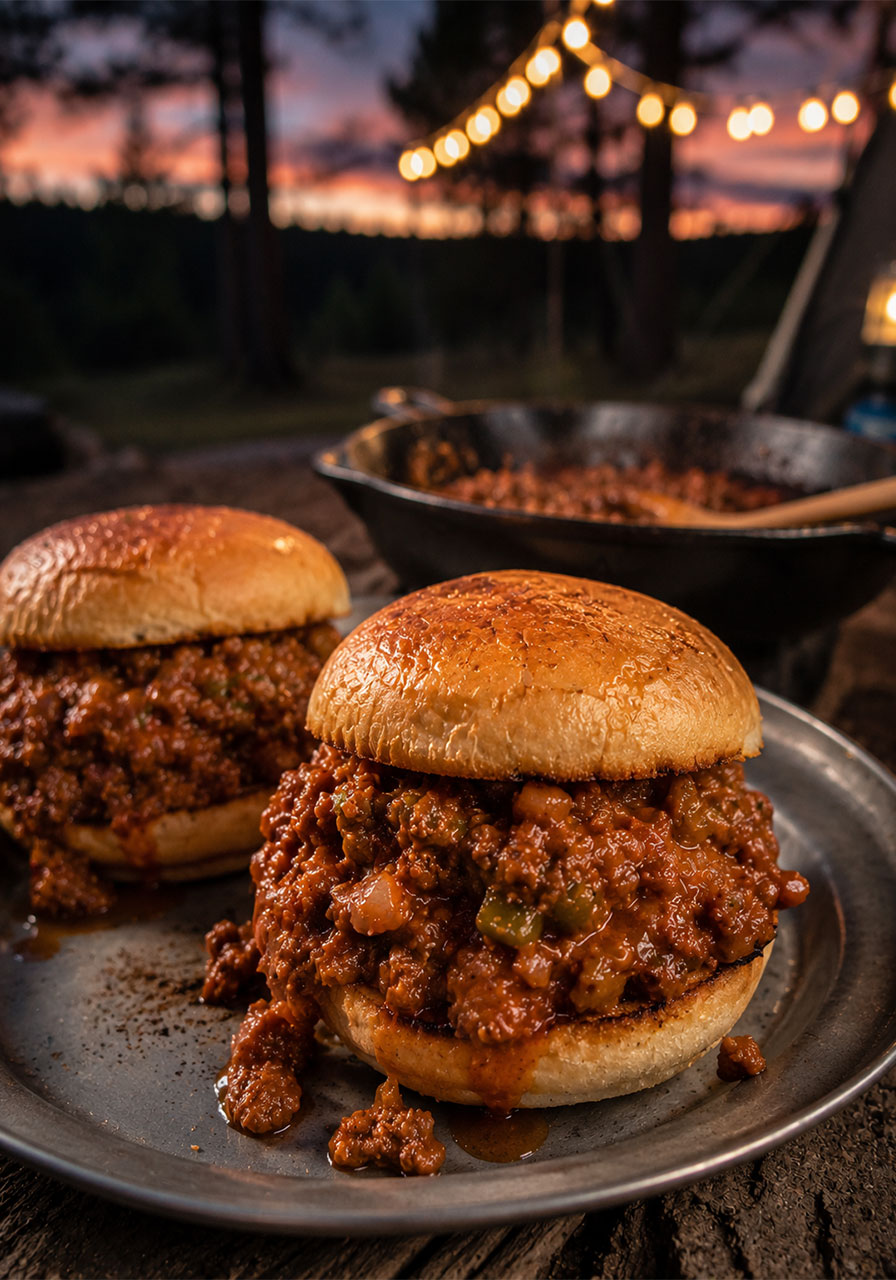 One pot camping meal: homemade sloppy joe sandwiches on toasted buns at a campsite picnic table