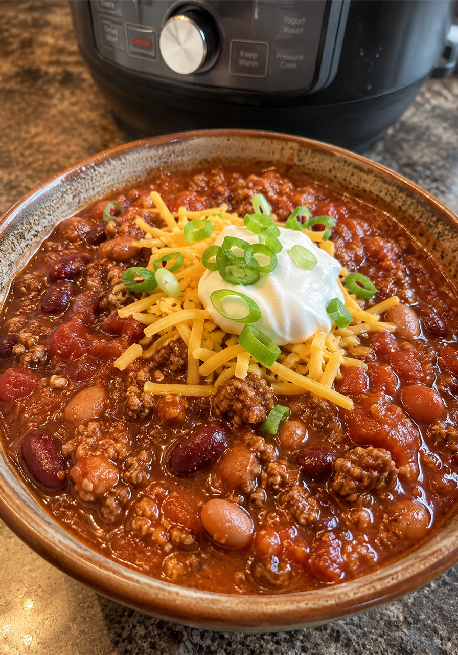 One pot camping meal: hearty Instant Pot beef chili topped with cheese, sour cream, and green onions