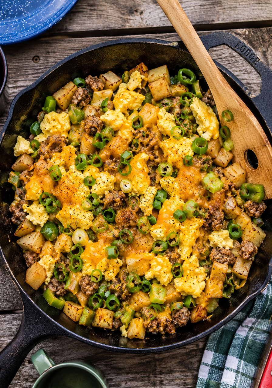 One pot camping meal: cheesy mountain breakfast skillet with potatoes, sausage, and eggs in cast iron