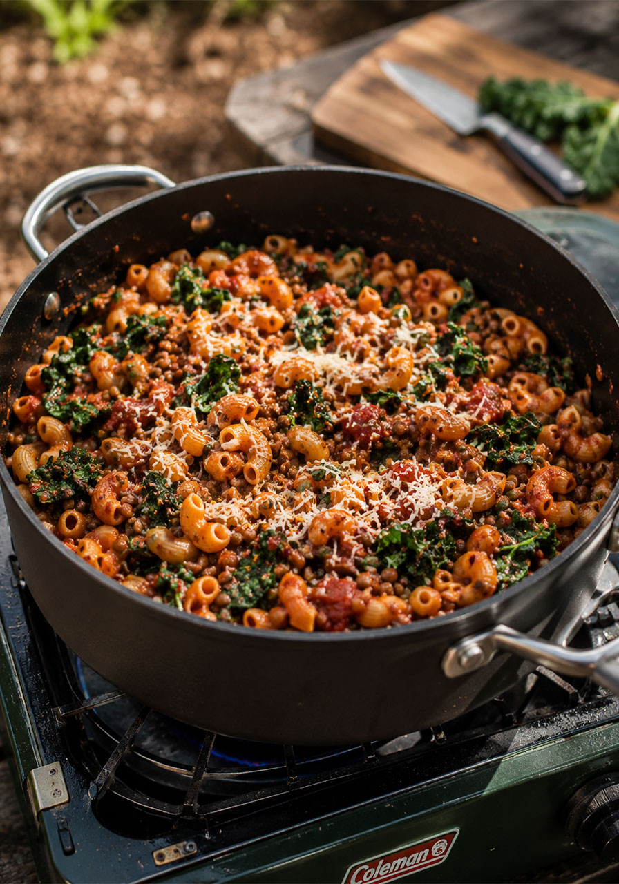 One pot camping meal: one pot lentil pasta with garlicky kale and melted cheese in a camp skillet
