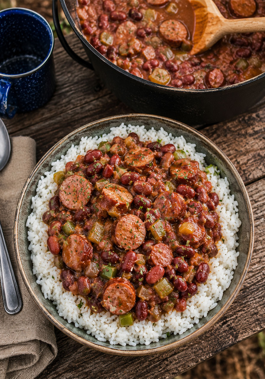 One pot camping meal: Southern red beans and rice with andouille sausage served over steamed rice