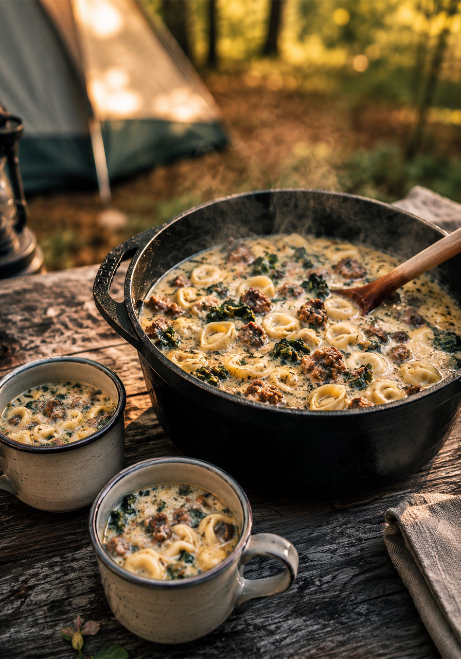 One pot camping meal: creamy sausage tortellini soup simmering in a Dutch oven at a campsite for easy cleanup