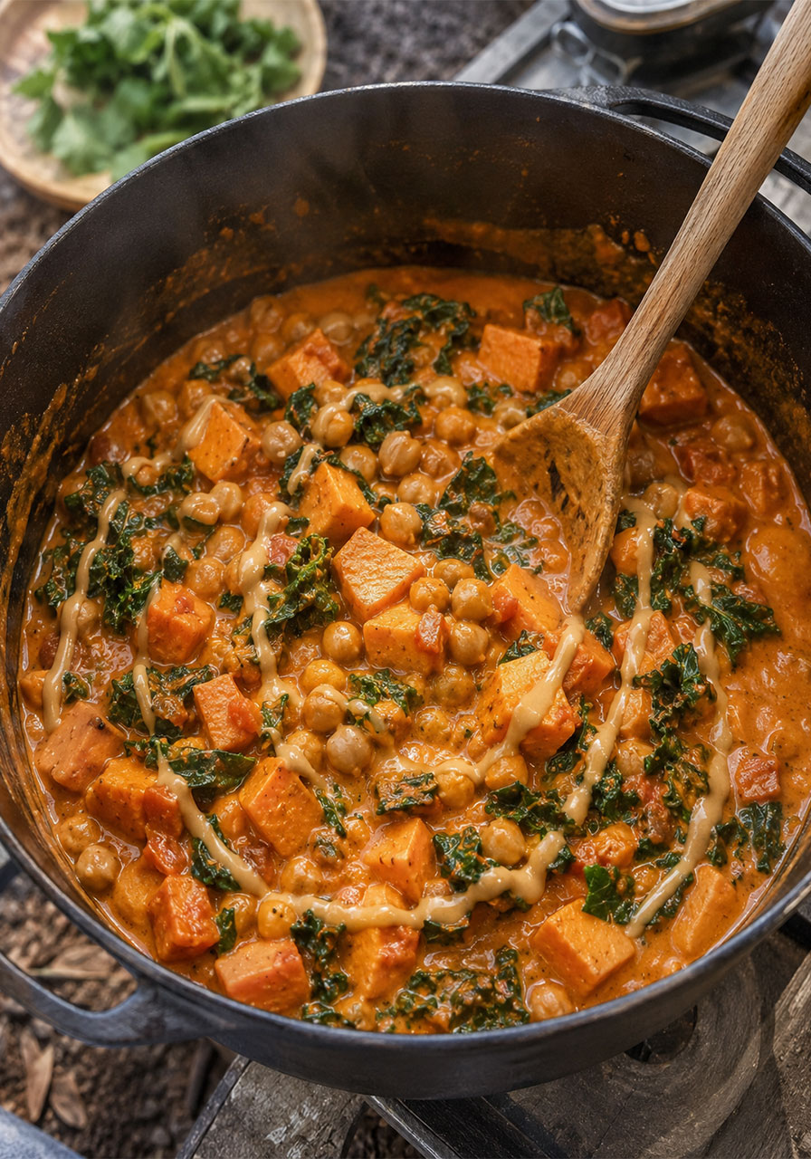 One pot camping meal: African sweet potato and peanut stew with chickpeas and kale in a Dutch oven