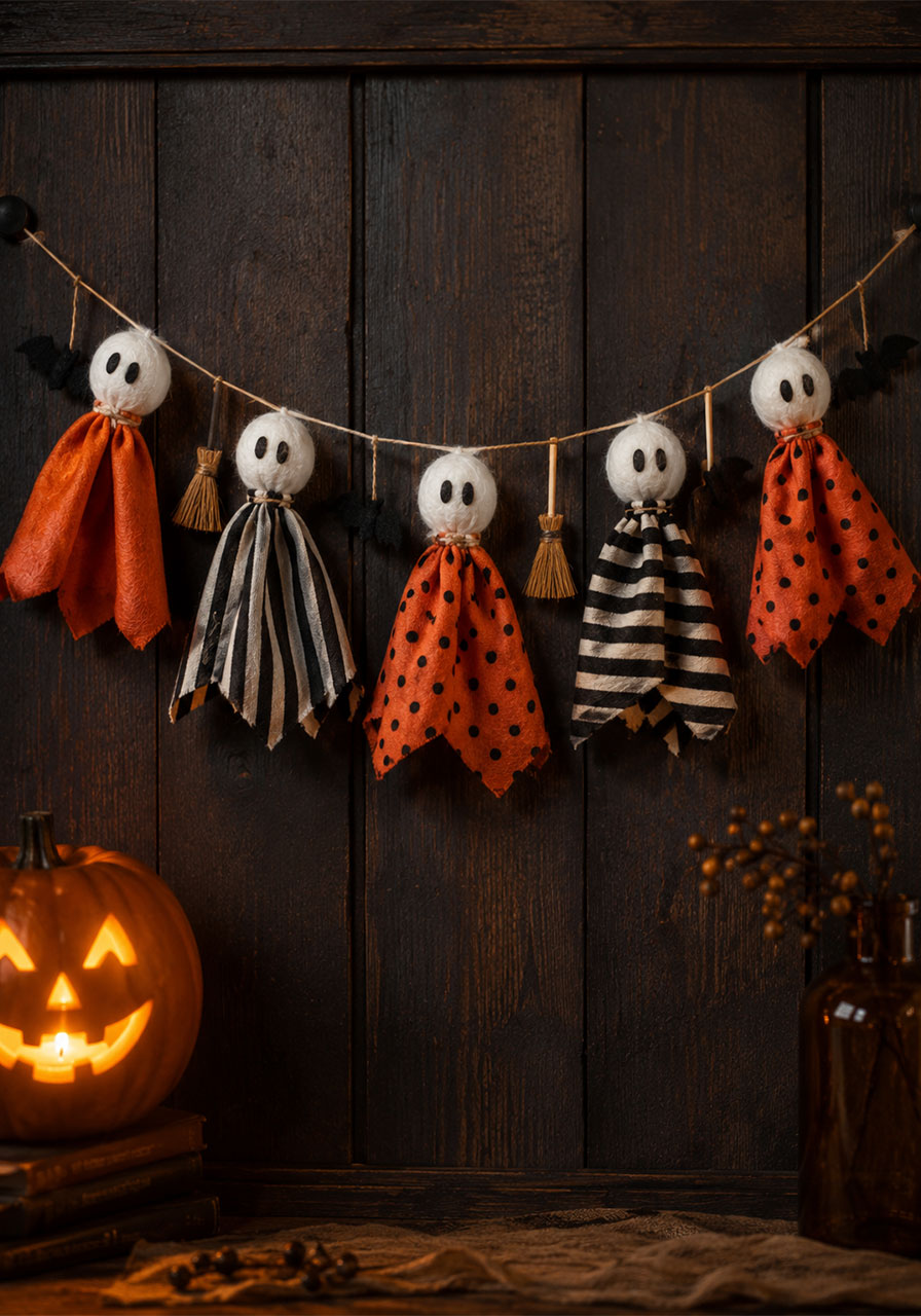 Bold orange and black fabric ghost garland Halloween variation