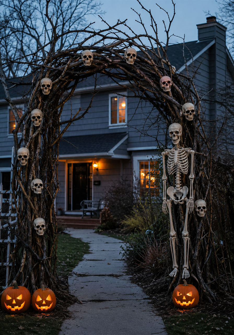 DIY outdoor Halloween arch made of branches with skulls and skeleton decoration