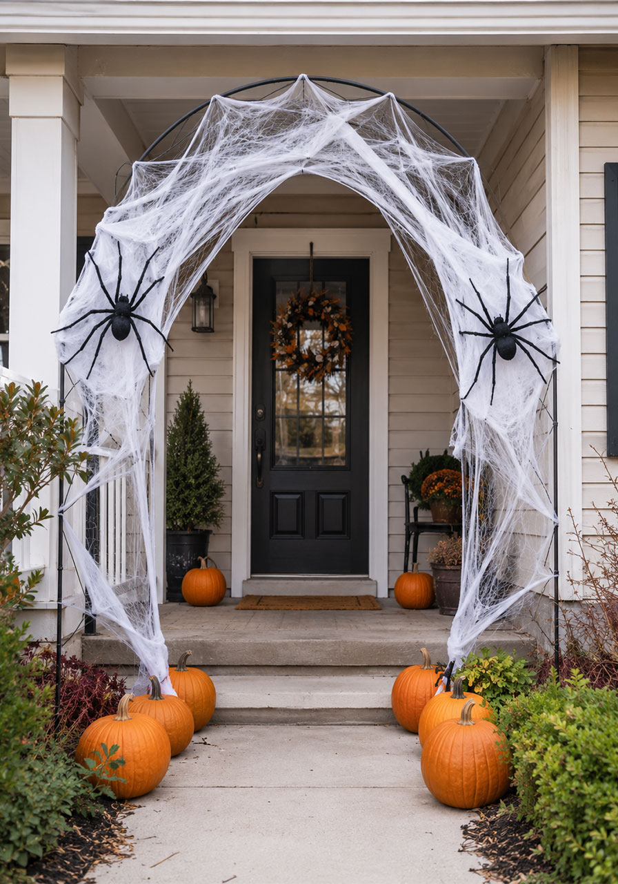 Halloween porch arch wrapped in stretchy spiderweb with giant spiders