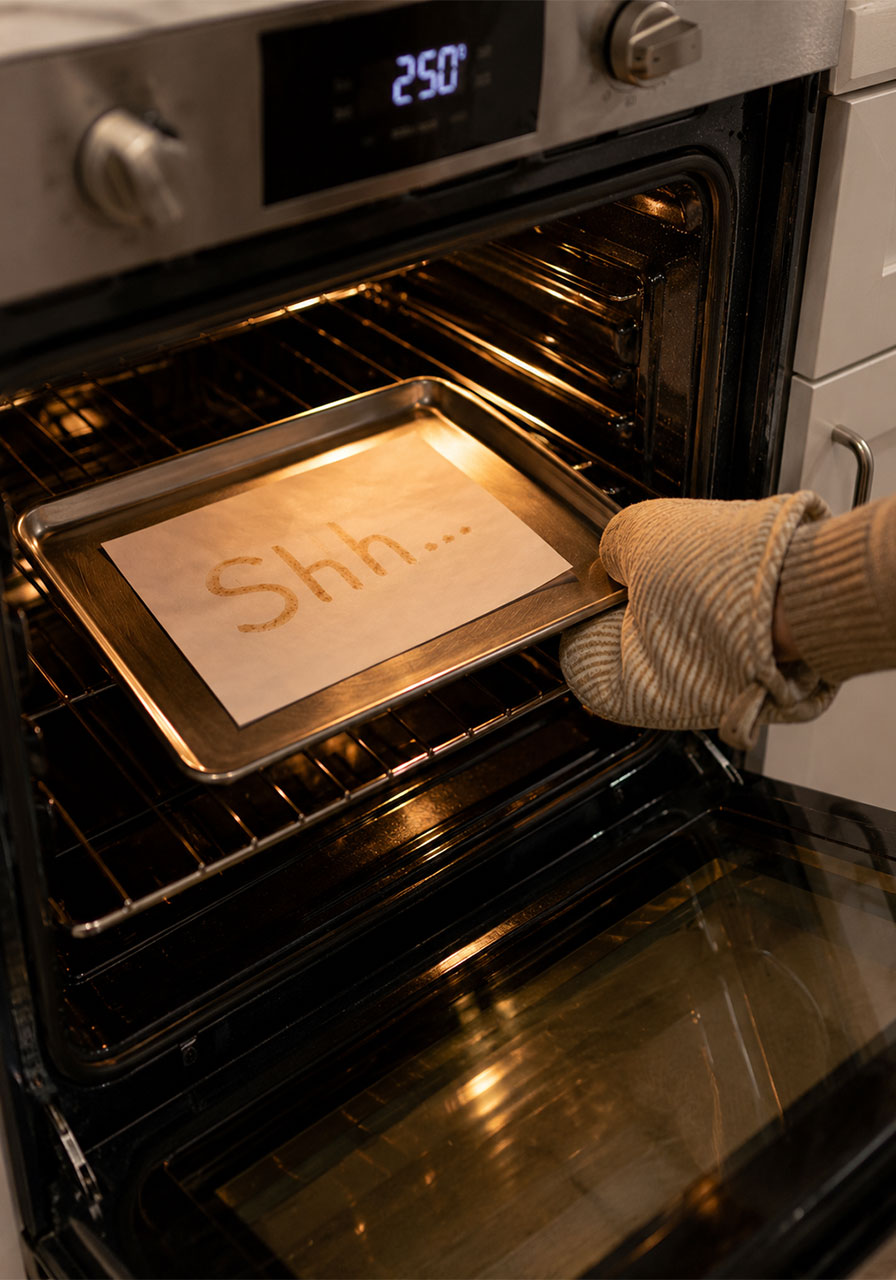 Revealing a secret lemon juice message in the oven at 250 degrees