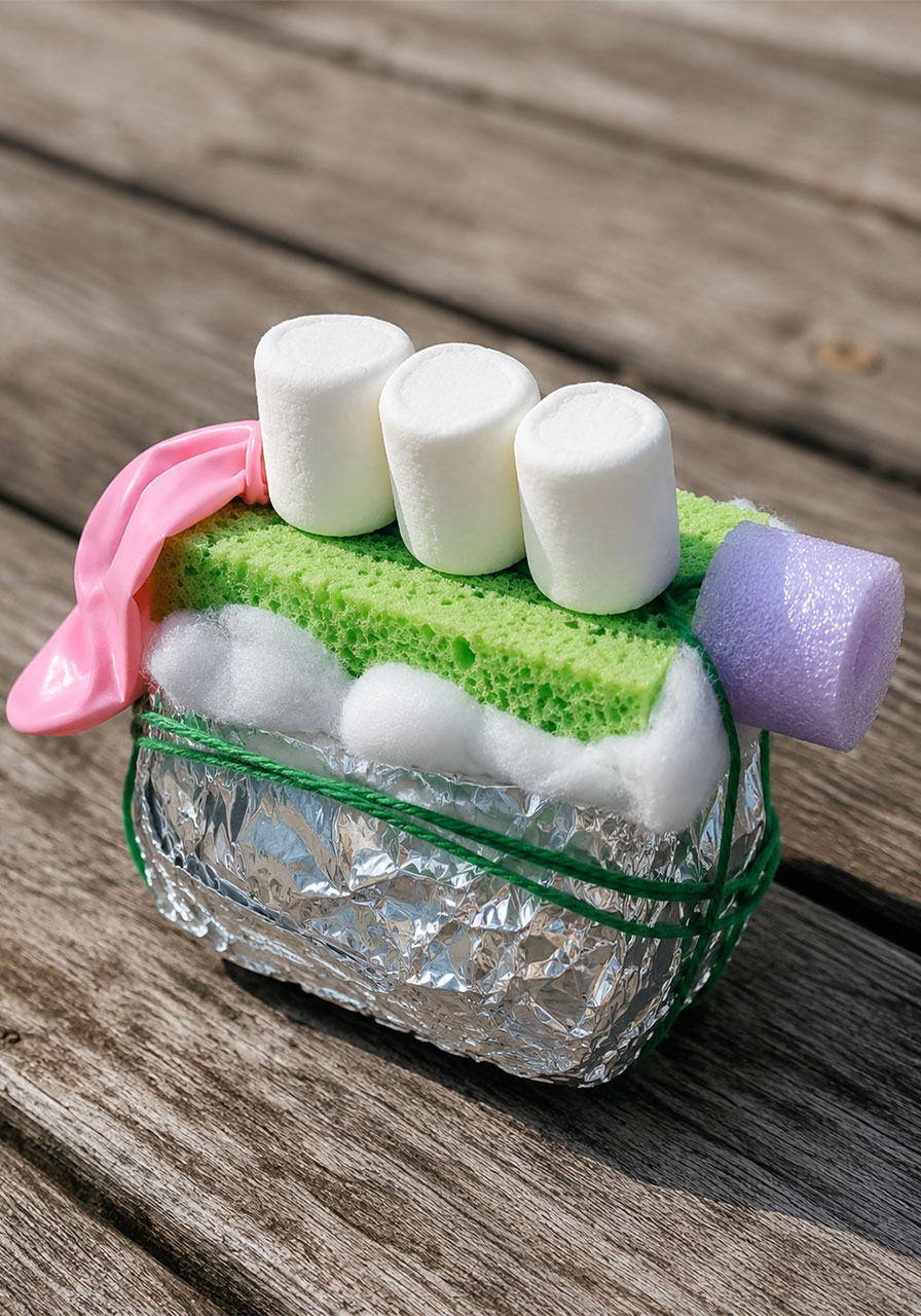 Padded sponge and marshmallow base contraption for the egg drop STEM challenge