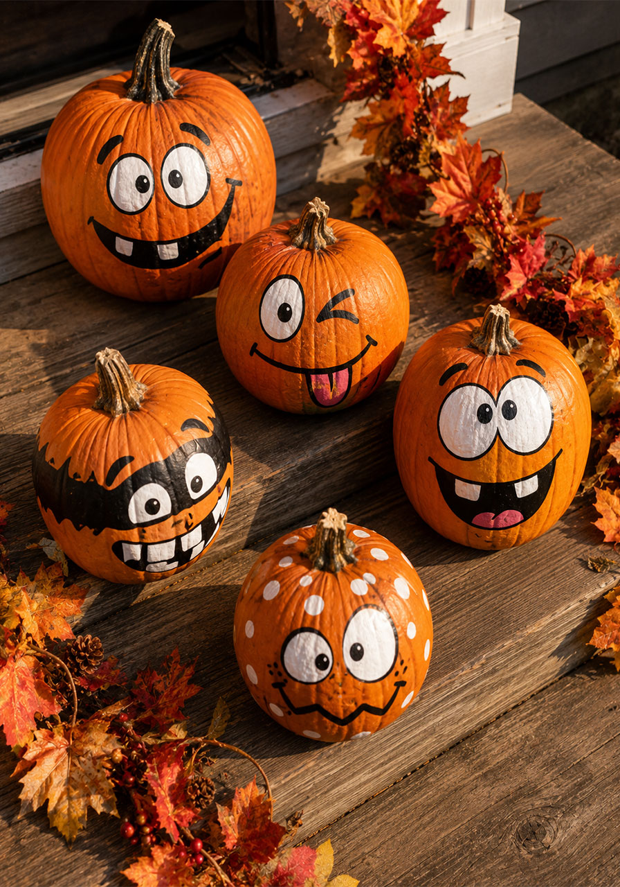 Hand-painted funny pumpkin faces Halloween family craft